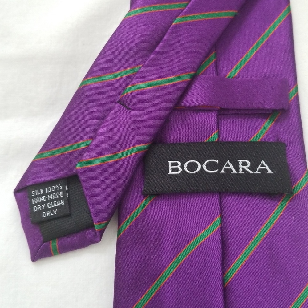 Bocara 100% silk purple tie, green & red stripes